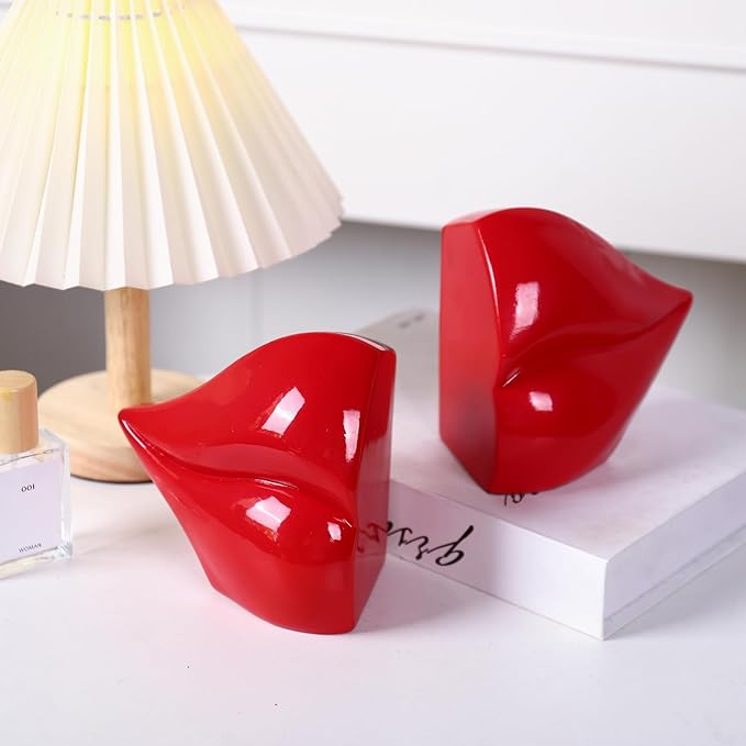 Red Lips Decorated Bookends，Set of 2 Heavy Decorative Book Stoppers，Unique Resin Decoration，Creative Desktop Red Decor for Study Room Hotel Office Shelves