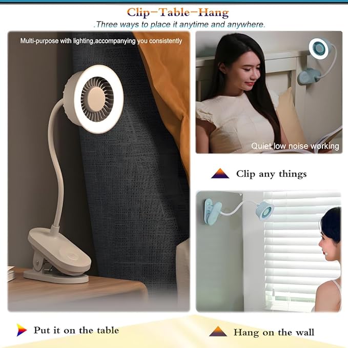 Portable LED lamp 2 in 1 more functions clip on fan,hanging,desktop, 4.5W 3 gears wind speed,2 gears brightness lighting,touch button rechargeable for reading, bed room,camping (light cyan)