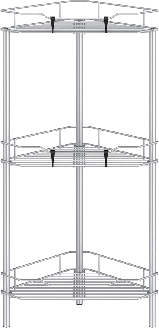 HuggieGems 3 Tier Floor Standing Corner Shower Caddy Organizer Shelf with Hooks, Bathroom Shelves Stand Rack, Silver