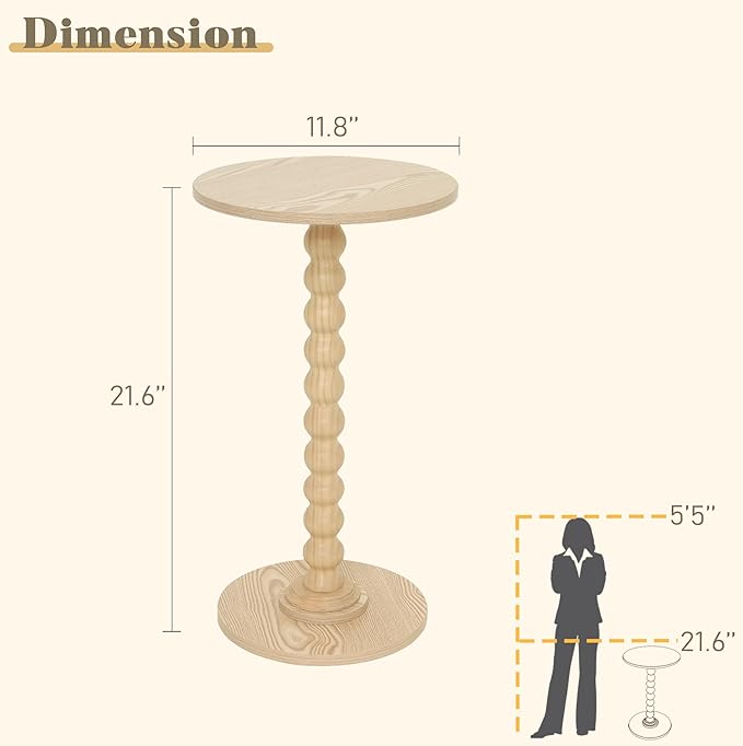 Fultyle Round Side Table, Small Drink Table for Small Spaces, Modern Accent End Table with Solid Wood Leg for Living Room, Bedroom, Corners, and Office (Natural)