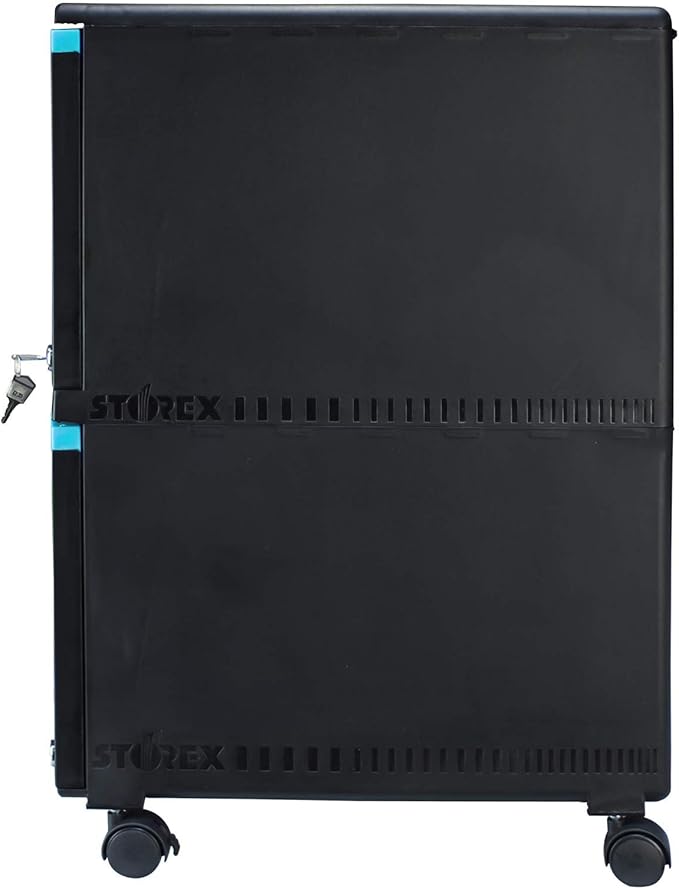 Storex Plastic Two-Drawer Mobile Pedestal File Cabinet – Locking Document Organizer with Casters for Home and Office, Black, 1-Pack (61315C01C)
