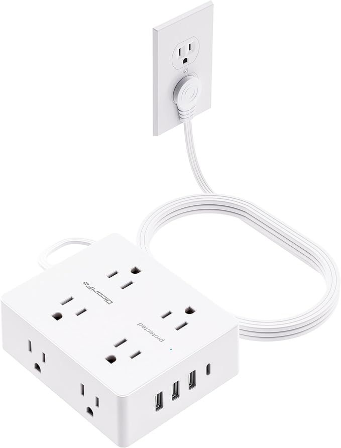 Surge Protector Power Strip 15 ft Cord, Olcorife Ultra Thin Flat Plug Extension Cord, 8 Outlets 4 USB Ports(1 USB C), Flat Plug Outlet Extender, College Dorm Room Essentials, White