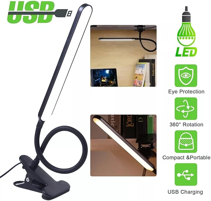 Clip on Light LED Desk Lamp LED Light and Metal Clip, 10 Level Brightness 3 Color Modes, Power by USB Port 10W Flexible Gooseneck Reading Light for Home and Office (Black)