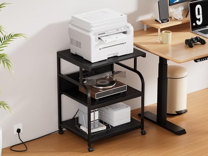 VECELO Adjustable Large Printer Stand with Power Outlet, 3-Tier Heavy Duty Cart on Lockable Wheels, Office Storage Table for Home Office, 3D Printer, Fax Machine, Scanner, Classic Black