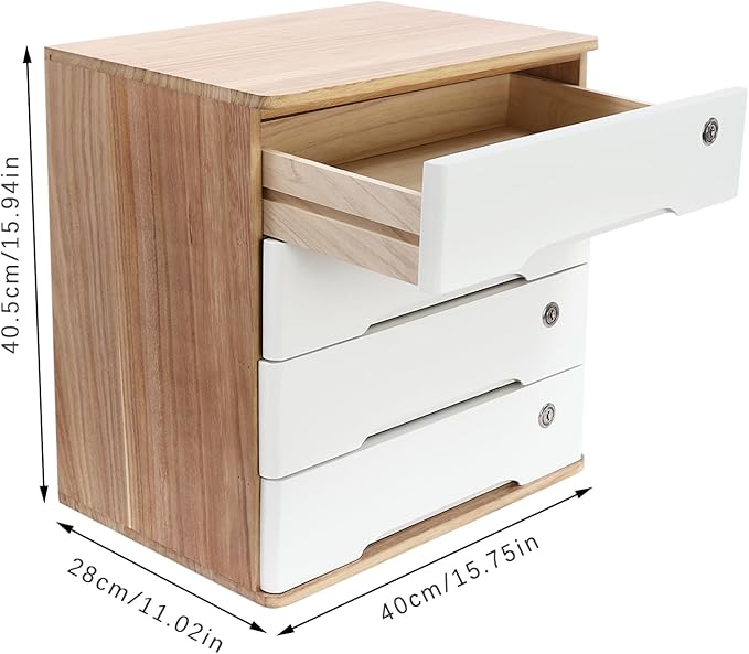 Wooden Desk Organizer with Drawers & Lock Desktop Storage Cabinet Tabletop Organizing Unit for Home Office Supplies File Stationery Jewelry (Light Brown, 4 Tiers)