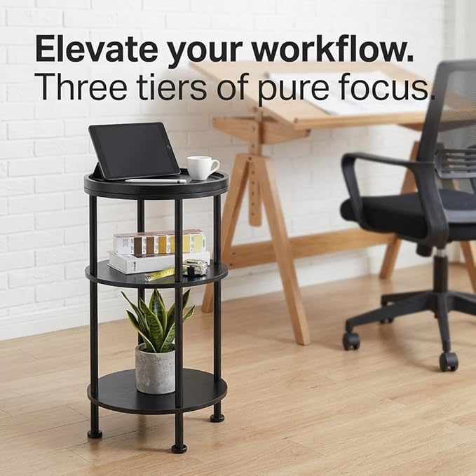 Small Round Side Table with Tray Top, 3-Tier Black End Table for Living Room & Bedroom, Modern Metal Nightstand with Storage Shelf, 11.8" Narrow Accent Table for Small Spaces, Balcony, Classic Black