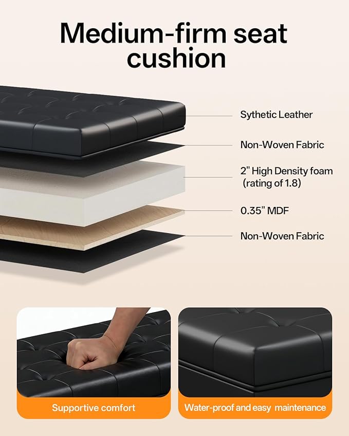 ABHENG Synthetic leather Storage ottoman bench with legs,43.5”W x 15.7”D x 15.7”H,metal frame end of bed bench hold up to 770 LB,Large Storage Chest hold up to 770 LB,Black UASND622B