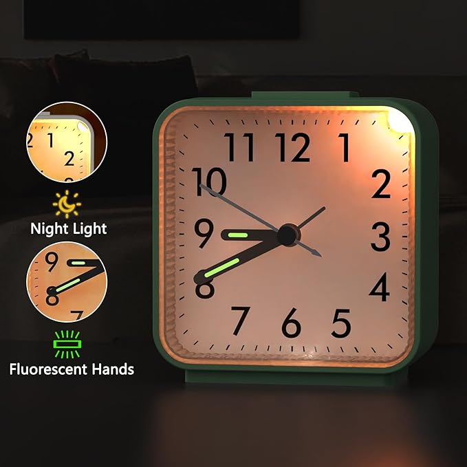 AMIR Analog Alarm Clock, Silent Non Ticking Small Clock, Travel Alarm Clock with Snooze & Light, Ascending Beep Sounds, Battery Operated Loud Alarm Clock for Bedroom, Bedside, Desk