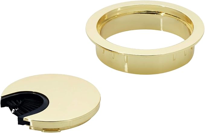Polished Brass Metal Cable Grommet | 2 Piece "Lock in" Feature with "Brush" Opening for Management of Office & Computer Desk Wires | 60mm (2 3/8") Hole Opening | 5 Pack