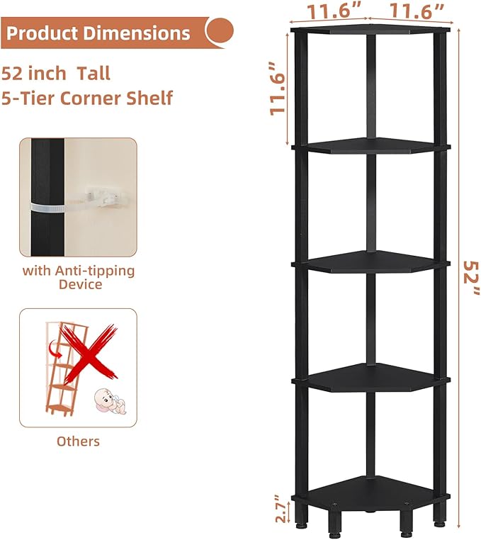 YUFAM 5-Tier Corner Shelf with Sturdy 5-Leg Base, 52in Tall Narrow Bookcase for Small Spaces, Wooden Plant Display Shelf, Thin Bookshelf for Living Room, Bedroom, Office, Black