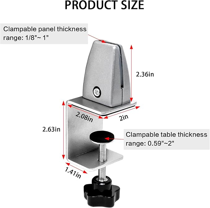 Sneeze Guard Clamp for 1/8"" to 1"" Thick Panel, Adjustable Desk Partition Clip, Aluminum Desktop Divider Clips, Easy to Install Desk Privacy Panel Clips, 4 Pack, GIY-9GM-QVV157