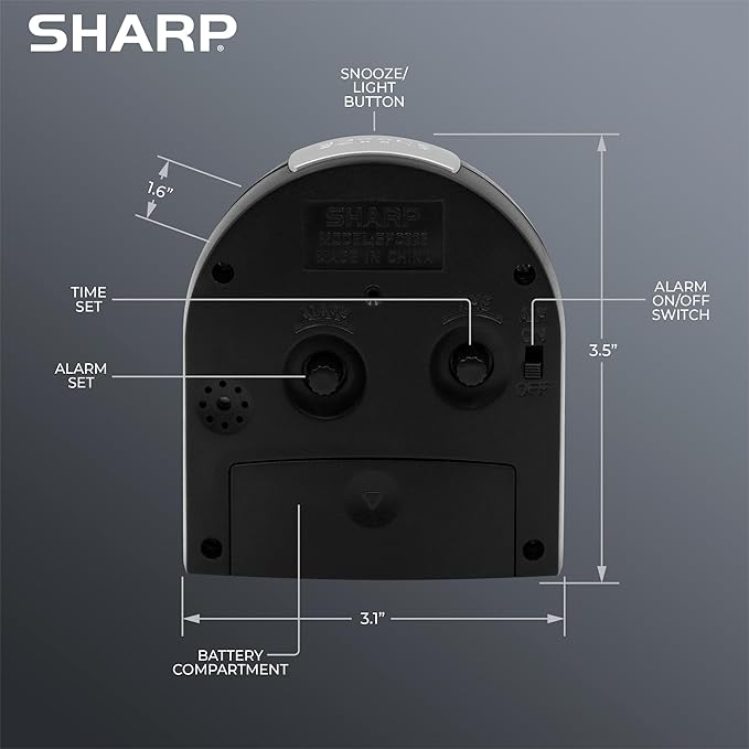 Sharp Small Battery Operated Analog Alarm Clock Silent No Ticking, Lighted on Demand and Snooze, Beep Sounds, Gentle Wake, Ascending Alarm, Black