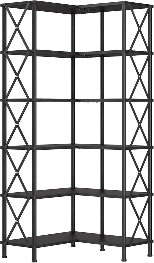 HOOBRO Corner Bookshelf, 6-Tier L-Shaped Bookcase, Industrial Open Display Shelf Tall Storage Organizer, Vertical Storage Rack, for Living Room, Home Office, Black BB61SJ01