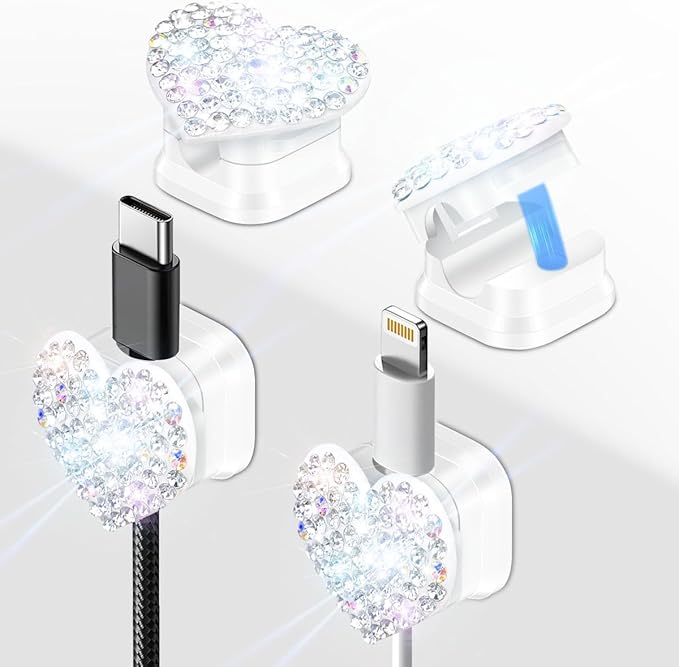 Bling Cord Organizer Holder,Heart Shape Magnetic Cable Clips with Strong Adhesive，Desk Cable Holder & Phone Charging Cords Wire Management for Home,Office,Car,Nightstand (White 4 Pack)