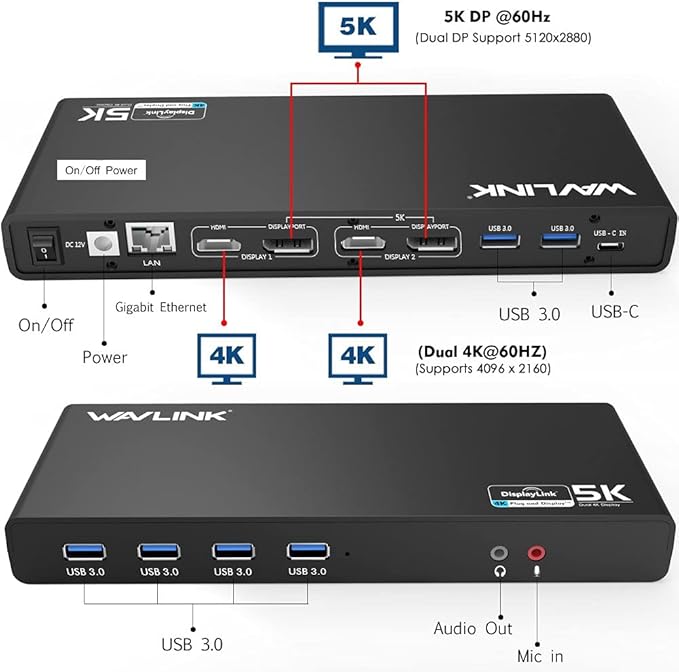 WAVLINK USB C Universal Laptop Docking Station, Dual 4K@60Hz Display & 5K Single Video Display for Laptop and PCs (2x4K@60Hz HDMI, 2x 4K@60Hz Display Port, Gigabit Ethernet, 6 USB 3.0, Audio)