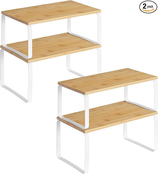 HOOBRO Cabinet Organizer Shelf, Set of 4 Kitchen Counter Shelves, Expandable Kitchen Storage, Stackable Bamboo Spice Rack, for Kitchen, Countertop, Office Desk, Bathroom, Natural and White YW30TLP201