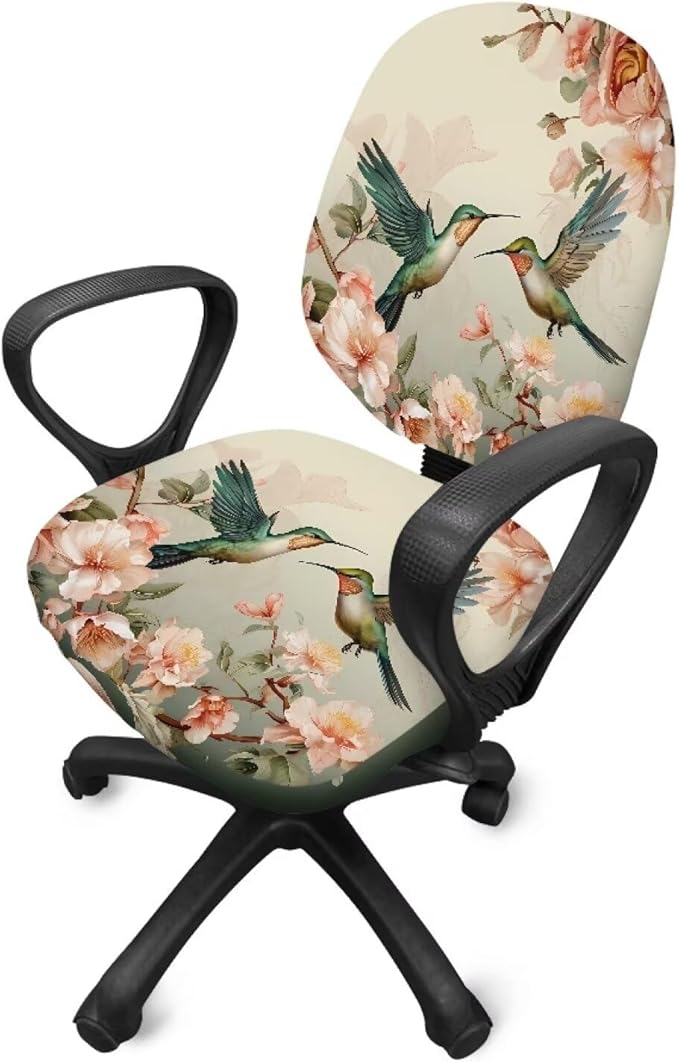 Hummingbird Flower Office Chair Covers Stretchable Computer Office Chair Seat Cover Removable Desk Accessories Floral Print Chair Slipcover Protector Universal Rotating Desk Chair Covers