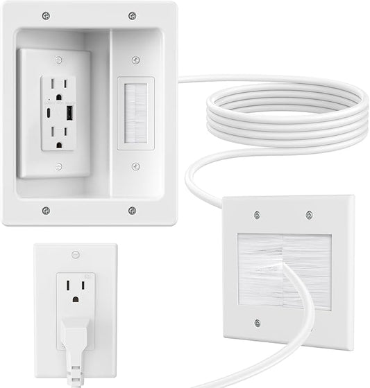 in Wall Cable Management Kit with Brush Wall Plate,AC Outlets & USB-A+USB-C Ports,9ft Cord,Hide Cords Recessed Wall Outlet for TV Cable Management,HDMI Cables and Home Theater Systems