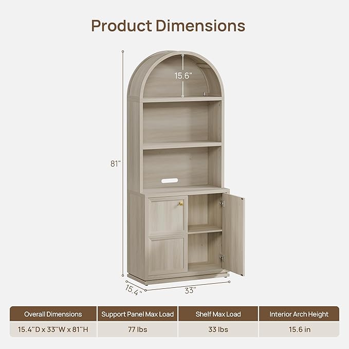 SICOTAS 81" Arched Bookcase, Large Book Shelf with Storage, Modern 5-Tier Arched Cabinet with Adjustable Shelves & Cable Management for Home Office Library Living Room Kitchen, Grey White Oak, 2 PCS