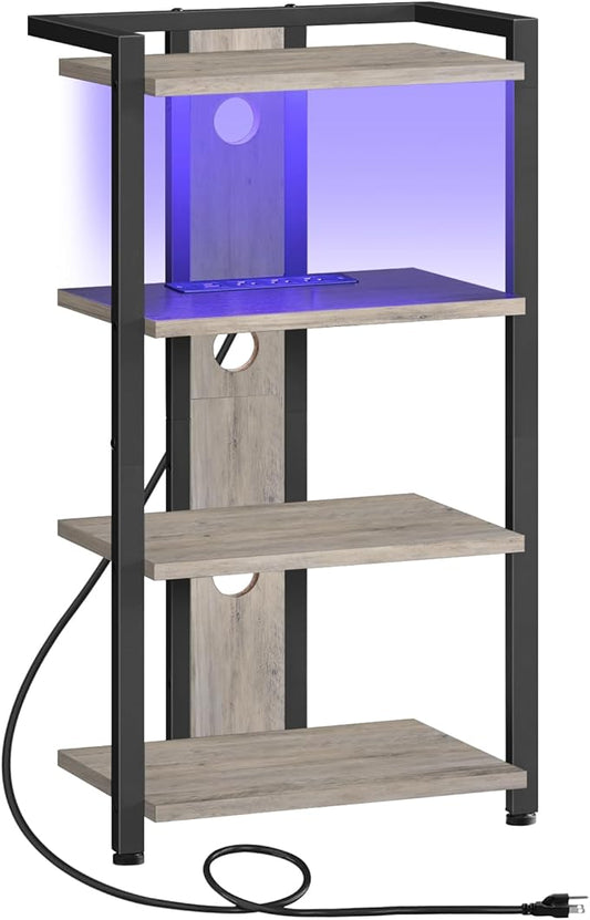 HOOBRO 4-Tier AV Media Stand, Media Console with Charging Station and LED Light, Wooden Stereo Cabinet, Corner TV Stand, Record Player, Entertainment Device Stand, BG38UDCJ01
