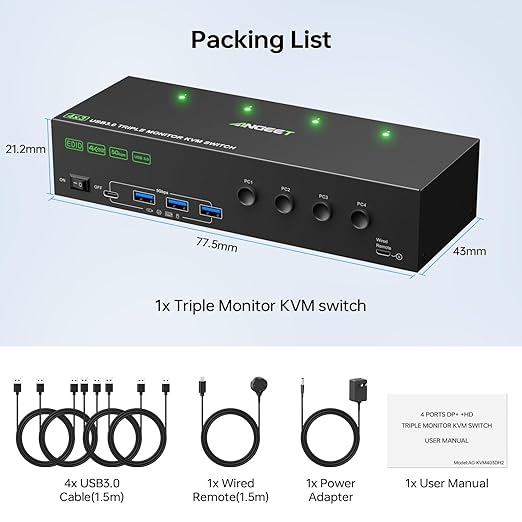 KVM Switch 3 Monitors 4 Computers 4K@60Hz,EDID Simulation,USB 3.0 HDMI Displayport KVM Switch Triple Monitor for 4 PC Share 3 Monitors and Keyboard Mouse Printer,with Wired Remote and 4 USB Cables
