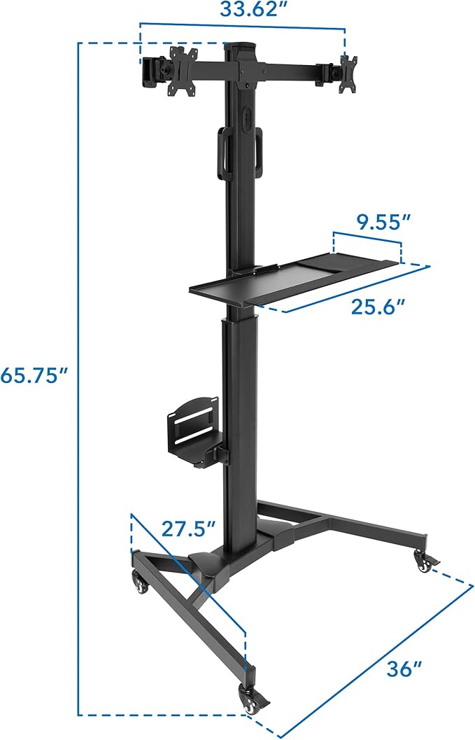 Mount-It! Dual Monitor Computer Cart – Mobile Standing Desk with Wheels, Rolling Workstation with Keyboard Tray, CPU Holder, and Adjustable Screen Mount for Office, Medical, or Warehouse