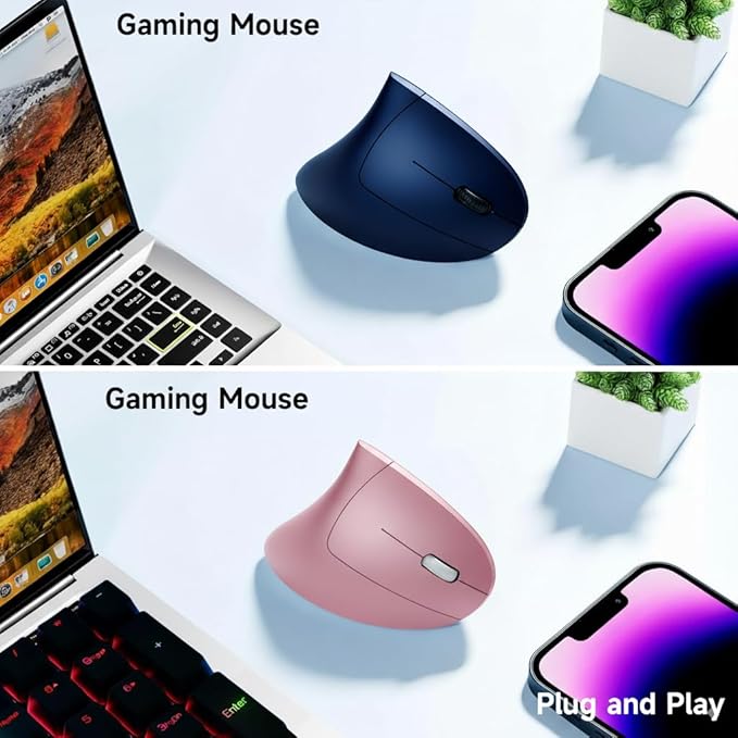 Ergonomic Vertical Wireless Mouse Stylish Rechargeable 2.4G Optical Mice Cordless Mouse with USB Receiver, 800/1200 /1600 DPI, 5 Buttons for Laptop,PC,Mac,Computer (Pink)