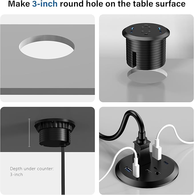 3 inch Desktop Power Grommet with PD 20W USB C,Furniture Recessed Power Strip,2 Outlets,4 USB Ports,40W Total,Flush-Mount for Desktop, Workspace Essential Desk Outlet (Black, 6 FT Cable)