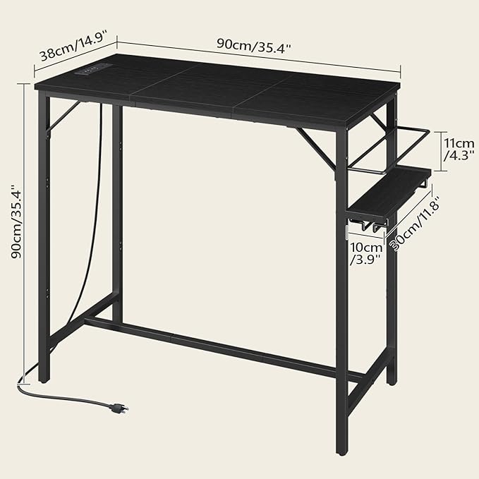 MAHANCRIS Bar Table, 35.4-Inch Counter Height Pub Table with Charging Station, Rectangular Dining Table with Wine Rack and Glass Holder, High Top Cocktail Tables, for Kitchen, Black（Only Table）