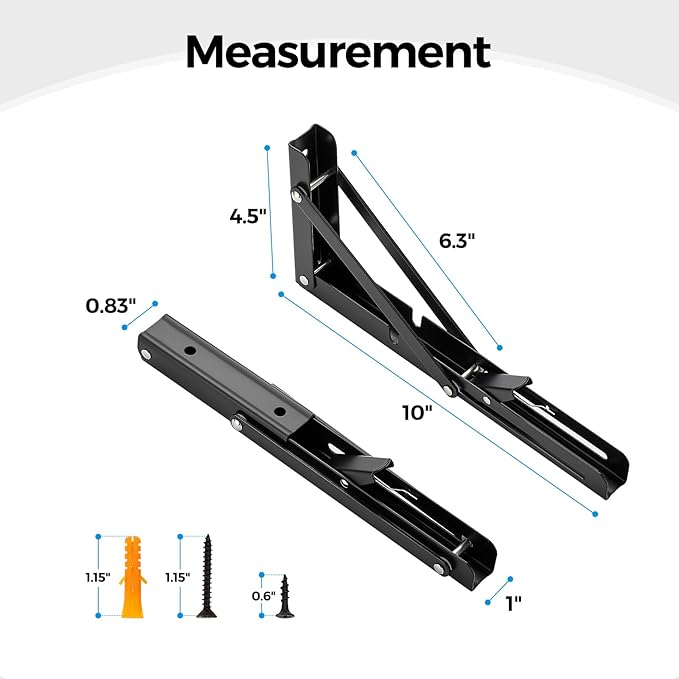 Home Expert 10 Inch Folding Shelf Brackets, 4 Pack (2 Pairs) Heavy Duty Metal Collapsible Wall-Mounted Brackets, Space-Saving DIY Foldable Shelf for Benches and Tables, Matte Black