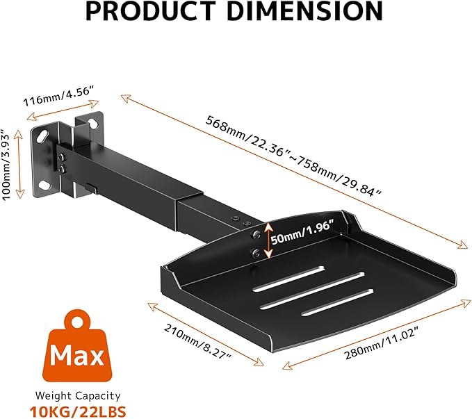 PUTORSEN Adjustable Projector Ceiling Mount,Universal Projector Shelf for Ceiling and Wall, Holds up to 22lbs，No Hole Installation, Hidden Cable Routing, Black（S）