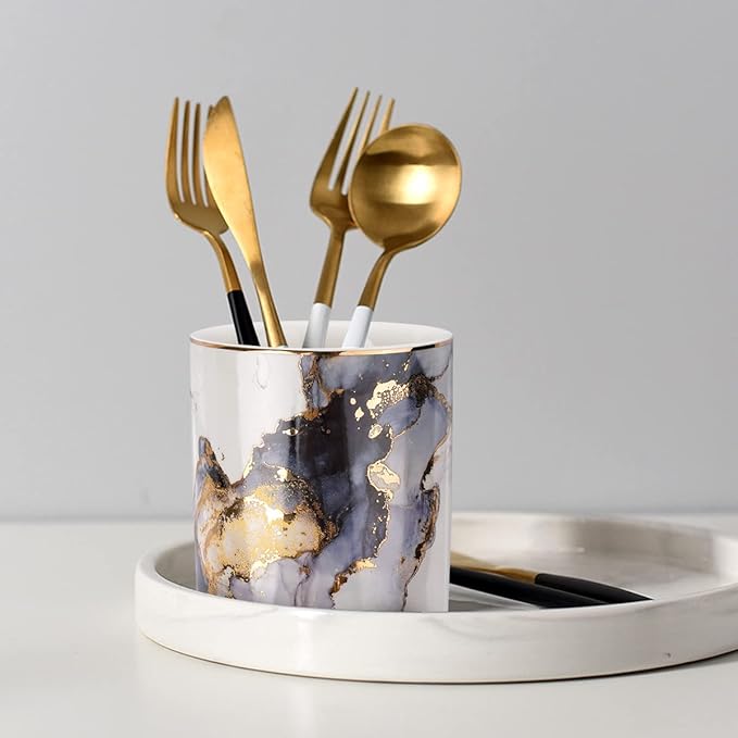 WAVEYU Marble Pencil Holder, Durable Ceramic Desk Organizer Office Supplies,Desktop Stationary Organizer,Multi-Functional Pencil Storage for Desktop Accessories,Office,Classroom,Home,Gray Gold