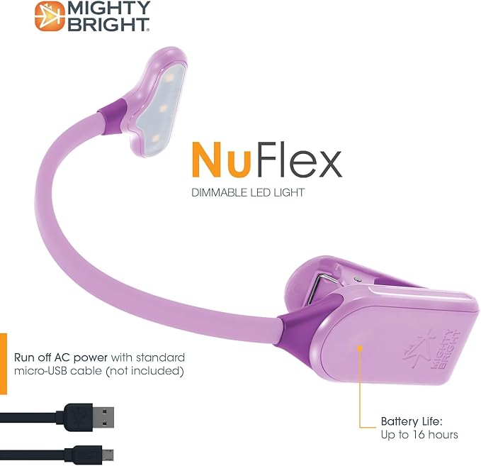 Mighty Bright The Original NuFlex Book Light, Battery-Powered, Warm Eye Care LEDs, Flexible, Durable, Dimmable, Clip-On Reading Light, Read in Bed, Use Batteries or Micro USB (Lavender)