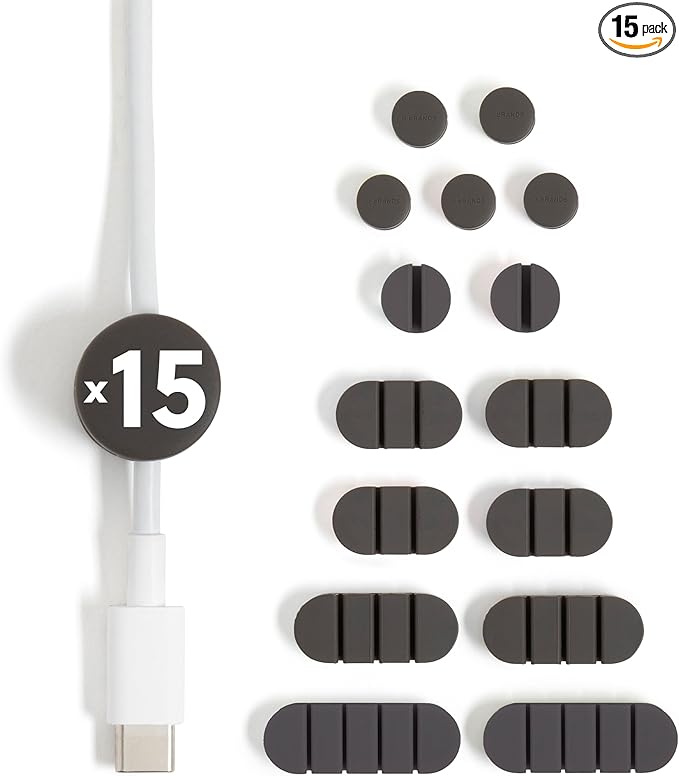 U Brands Black Silicone Cable Organizer Clips 15 Pack, Cord Management Clips in Assorted Colors, Adhesive Cable Holders for Desk, Office, and Travel Organization
