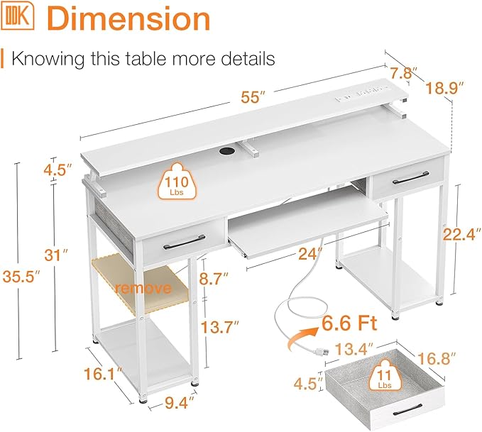 ODK Computer Desk with Drawers, 55 Inch Office Desk with Power Outlet and Keyboard Tray & Storage Shelves & PC Stand, Office Table Work Desk with Monitor Stand, White