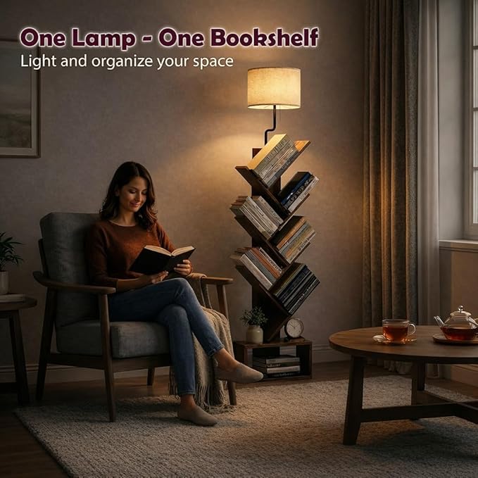 6 Tier Tree Bookshelf with Lights - Small Bookshelf Decor, Corner Bookshelf with Lamps, Living Room Storage, Tall Narrow DVD & CD Shelf, Comic Bookcases Standing for Bedroom or Office, Rustic Brown