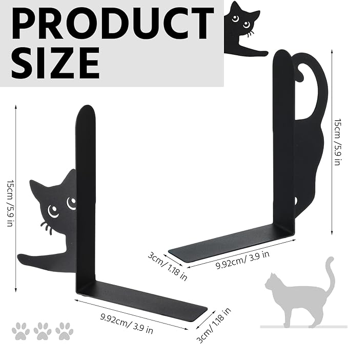 Geelin Stretching Black Cat Metal Bookends Set of 2 Styles Book Ends for Shelves Decorative Bookshelf Home Office Desk Bookshelf Decor Gift for Cat Lovers and Reading Enthusiasts