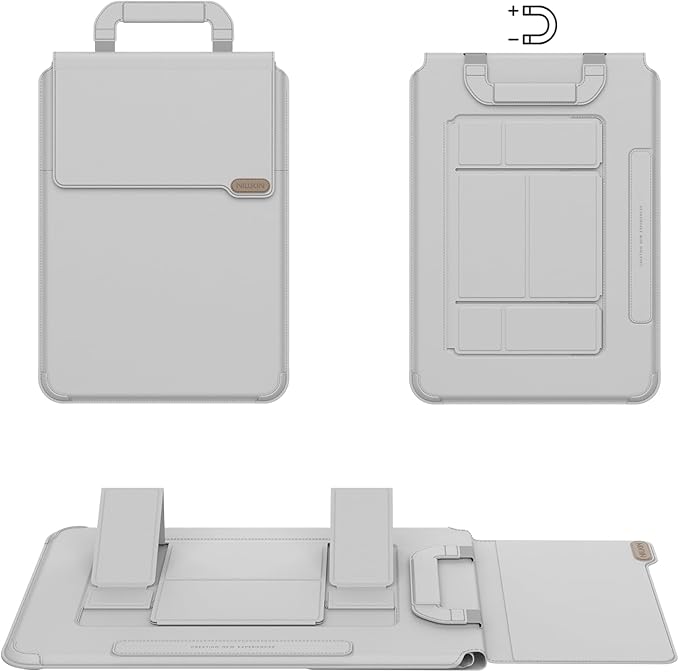 Nillkin Upgraded 13-16 Inch Laptop Sleeve Case for MacBook/Dell/HP/Lenovo/Asus, Unique Slim Travel Computer Bag with Adjustable Stand & Mouse Pad, Magnetic Handle, PU Leather, Gray