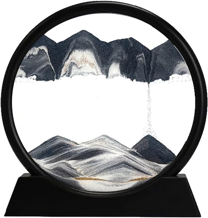 rysnwsu 3D Dynamic Sand Art Liquid Motion, Moving Sand Art Picture Round Glass 3D Deep Sea Sandscape in Motion Display Flowing Sand Painting Relaxing Desk Toys (Black, 12'')