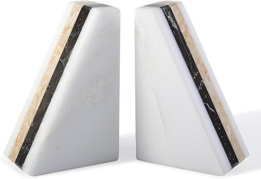 Karibiber Marble Book Ends, Non-Skid Bookends for Shelves, Composite Bookend with Natural Marble, Heavy Duty Book Stopper, Collected CDs and Oversized Books Organizer, Gold & Black Decorative Bookends