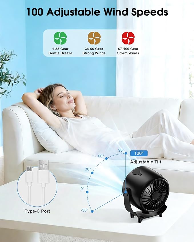 Ouddy Mode Small Desk Fan, 4000mAh Portable Misting Quiet Table Fan with Digital Display, Wall-Mouted Design USB Rechargeable Desk Fans for Office Bedroom Home Travel Outdoor Black