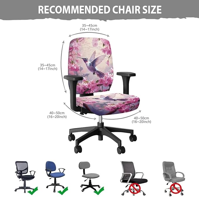 Hummingbird Flower Office Chair Covers Washable Computer Chair Cover Ethnic Split Protective Stretch Desk Chair Seat Covers Dorm Computer Rotating Chair Slipcover Party Favor Pink