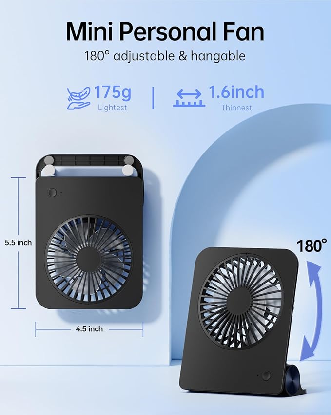 TriPole Desk Fan Small Portable Fan 2000 mAh Rechargeable Battery Ultra Quiet 4.5 Inch Mini Travel Fan with 180° Tilt Folding and 3 Speeds Adjustable for Home Office Desktop Black