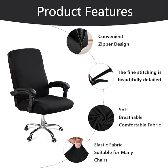 Office Chair Cover,Removable Desk Chair Cover with Zipper,Stretch Anti-dust Universal Rotating Office Seat Slipcover,Washable High Back Computer Seat Protector for Pets (Black, Large | Armrests)