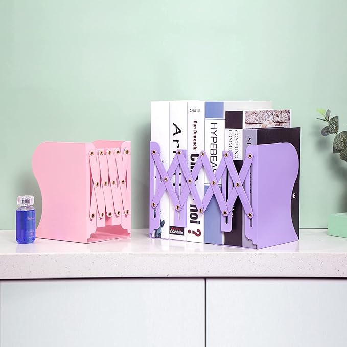Aobopar Metal Bookends - Heavy Duty Book Holders for Shelves, Office, Home & School Use (Purple)