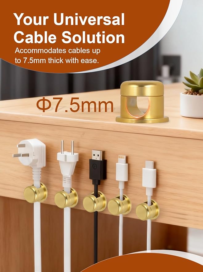 Wider Base Strong Adhesive Desk Cord Holder 3 Pack, Aluminum Gold Screw-top Cord Holder for Nightstand, Cable Holder Desk Organizer for Phone Charger, Cable Management Clips to Keep Cables Tidy