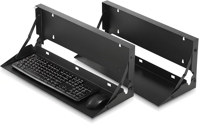 2 Pcs 24 Inch Keyboard Wall Mount Foldable Fits Standard Computer Keyboard Mouse Stand Tray Organizer for Small Offices Apartments, Easy Installation with 4 Screws (Black)