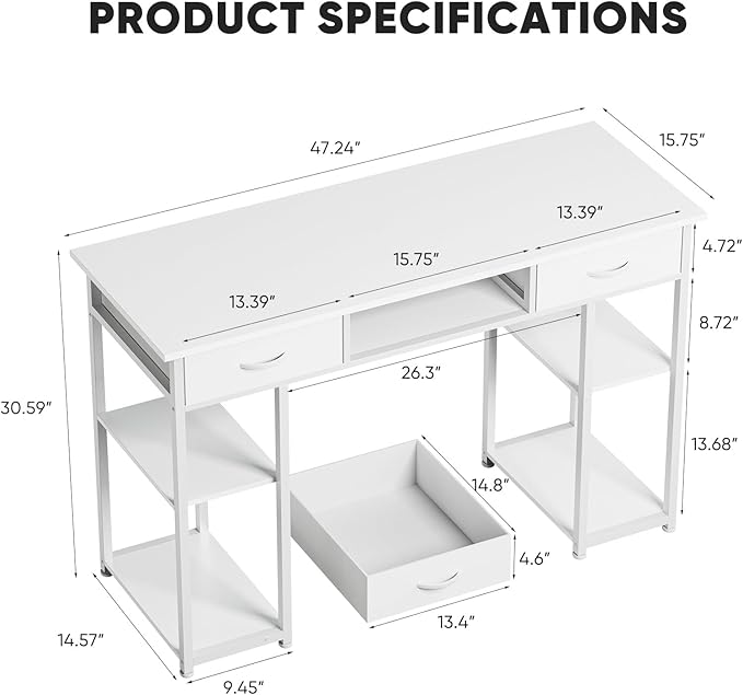 DUMOS 48" Small Computer Home Office Desk for Bedroom with Drawers, Gaming Writing Study Table with Storage Shelf, Adjustable Feet, Metal Frame White
