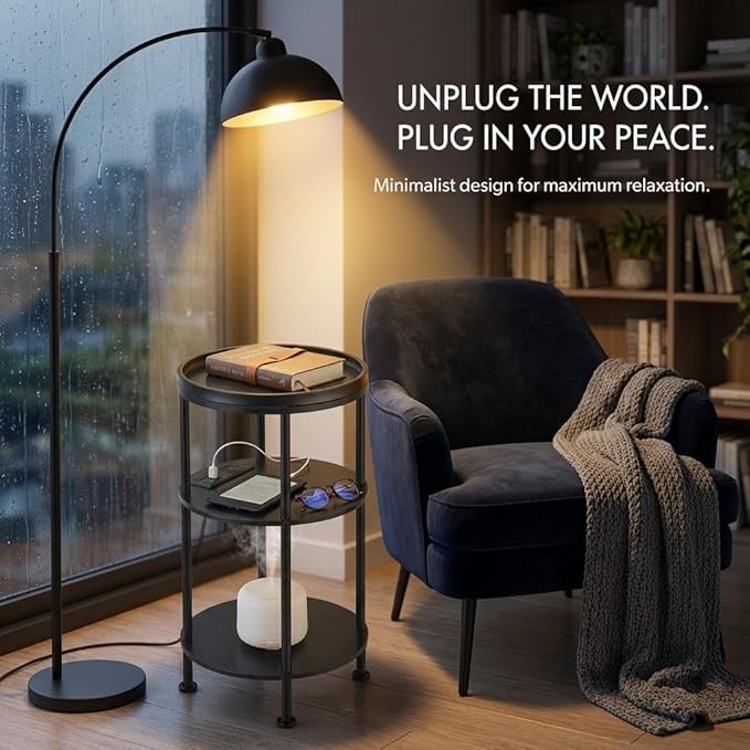 Small Round Side Table with Charging Station for Small Spaces, 3-Tier Accent Table with USB Ports & Power Outlets, Sofa Corner Tea Table for Living Room Nightstand Bedroom Apartment (Black)