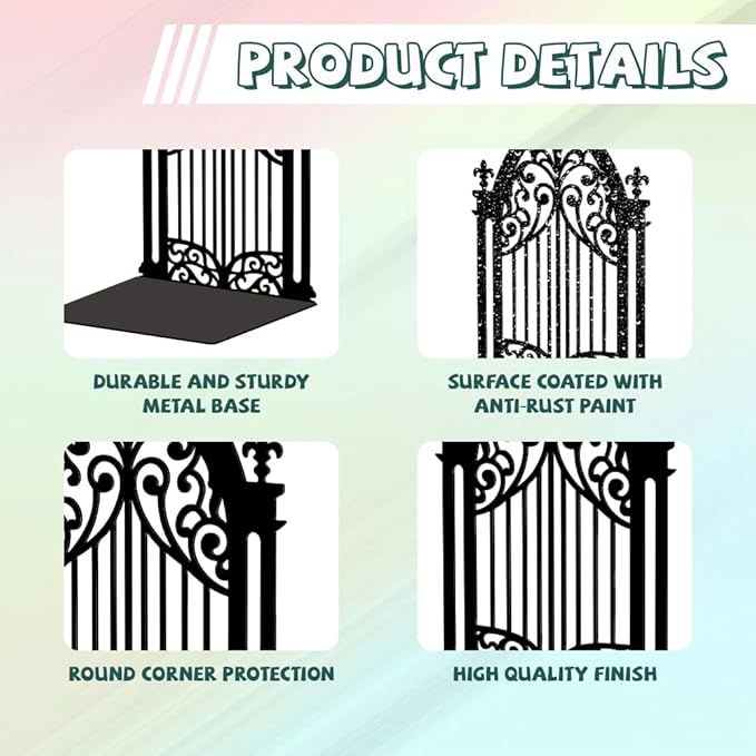 Peacoblue Metal Bookends for Shelves, Modern Decorative Heavy Duty Study Book Support Stoppers for Office, Desk, Shelf, Room 5.3"x4.3"x7.3" Cast Iron Simple Tall Bookends, 1 Pair (Gothic Gate)